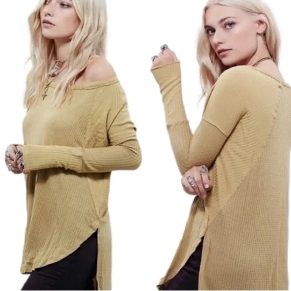 Free People Mustard Yellow Ventura Thermal Top MEDIUM Waffle Knit Long Sleeve
